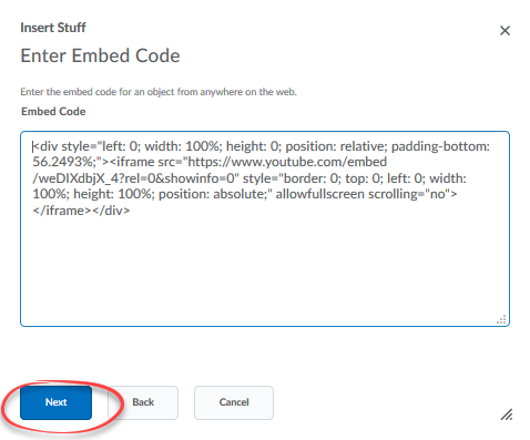 image of embed code window with code pasted in and the next button circled