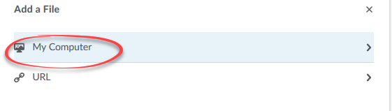 Image of the Add file box with the My conmputer option circled