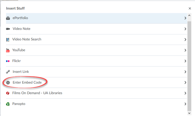 image of the liost olf available options in Insert Stuff with the Enter Embed code circled