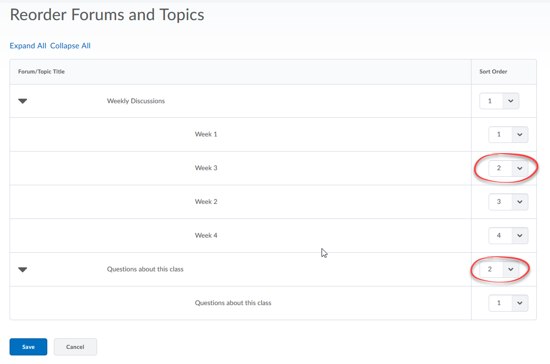 Reorder discussion forums and topic with sort order column 