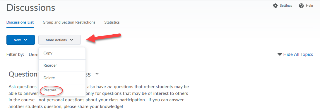 More actions and restore buttons in Discussions