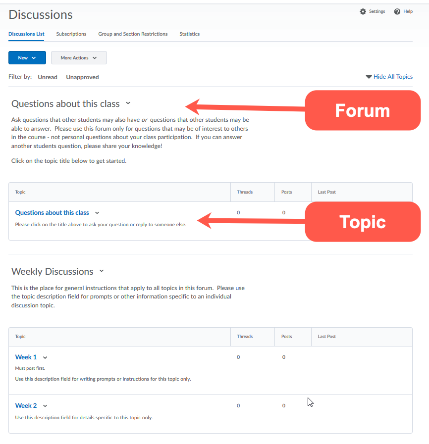 Example of a discussion forum with one topic and a discussion forum with two topics