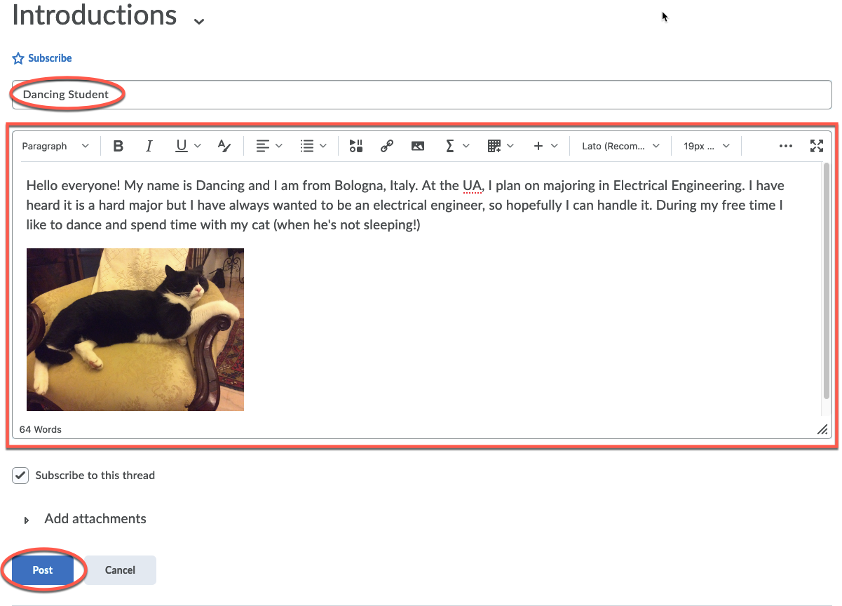 Write a post page with subject, content area and post button circuled