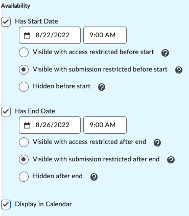 In the Availability section, select a Start and End date for this Topic. 