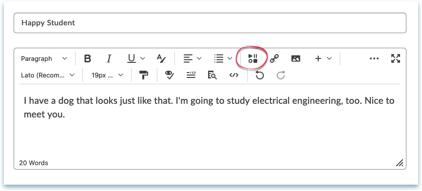 image of html editor with the insert stuff button circled