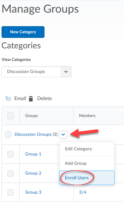 Group Category dropdown and Enroll Users option