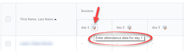 The "Enter Attendance Data" icon to the right of the session name with an arrow indicating to click the icon.