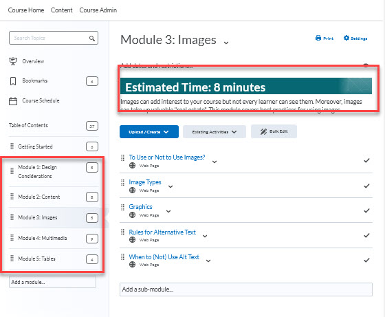 Content Page, module names include the module number and topic, modules include a description and estimated completion time