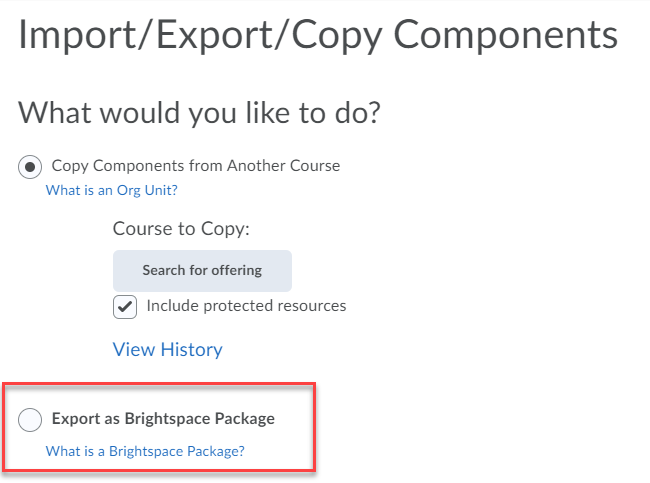 Screenshot of import/export/copy components with Export as Brightspace package circled in red.