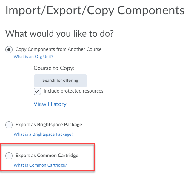 Screenshot of import/export/copy components with Export as Common Cartridge circled in red.