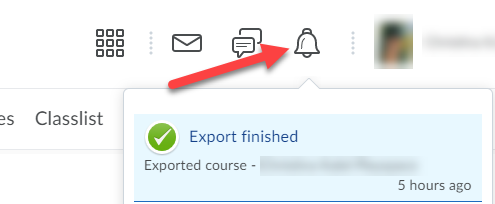 Red arrow points to the Update Alerts icon (bell), with the Export finished link below it.