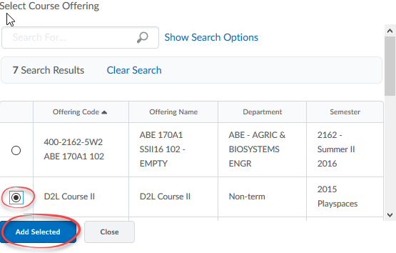 image of Select Course Offering course sleected and Add Selected button circled