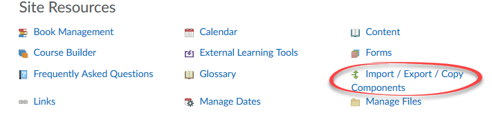 image of Course Admin link list with import export copy components link circled