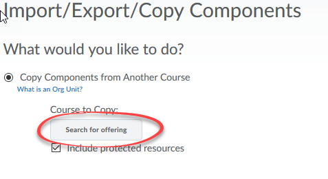 Import Export Copy components page with Search for offereing button circled