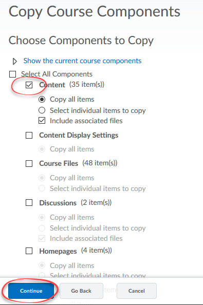 Image of Choose Components to Copy Window with Content checked and Continue button circled