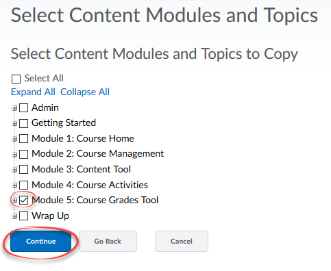 Image of select individual items to copy page with an idem checked and the continue button circled