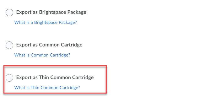 Screenshot of import/export/copy components with Export as Thin Common Cartridge circled in red.