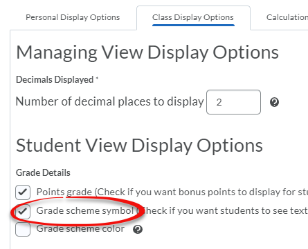 Class display options, with Grade scheme symbol selection circled in red.