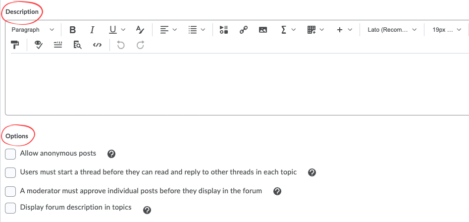 Description field and four checkboxes for options in Discussion forum