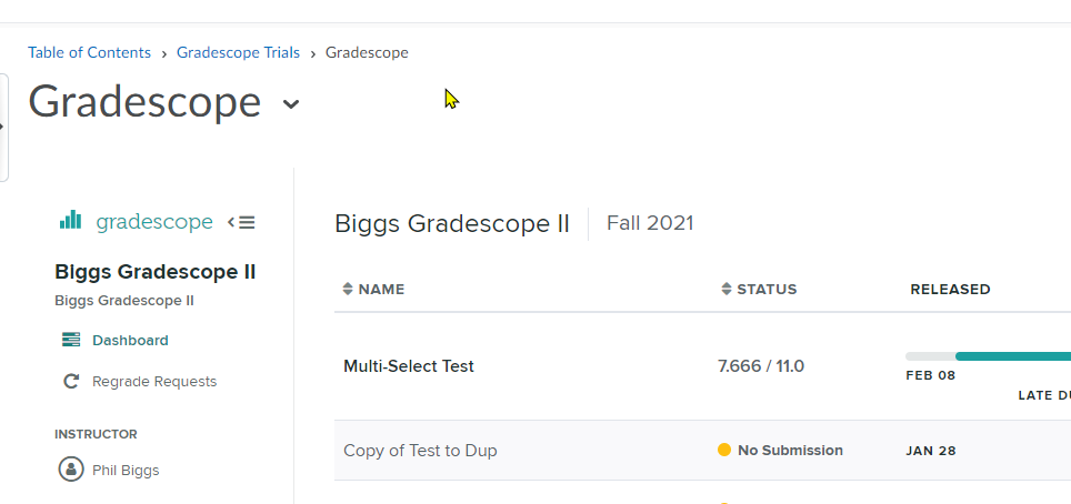 example of a course in Gradescope