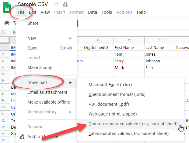 Google instructions save file as csv