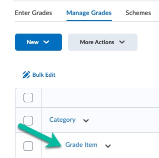 Manage Grades interface pointing out Grade Item is indented