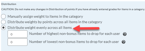 Category distribution options shown, "Distribute weight evenly across all items" has a red arrow pointing to it.