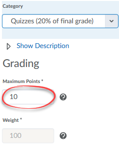 image of grade item properties page with maximum points box circled