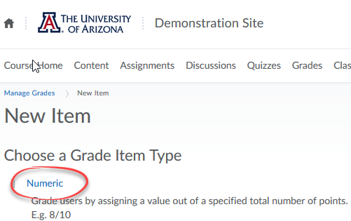 image of list of grade item types, numeric circled