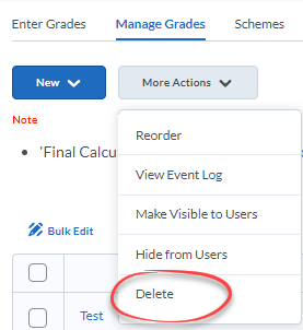 More Actions button selected, Delete option circled in red.