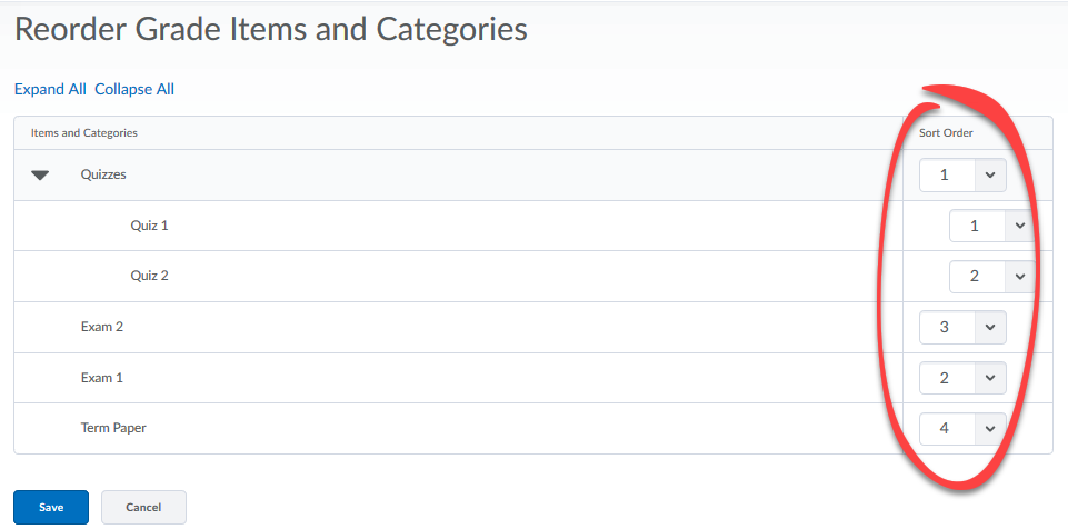 image of grade item reorder page with the options in the Sort order column circled