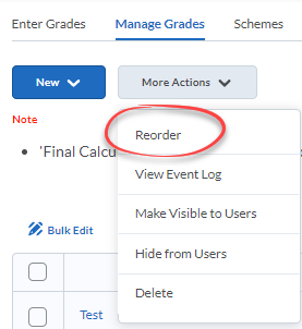 More Actions button selected, Reorder option circled in red.