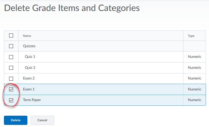 imae of list of grade items with check boxes to the left to select to delete