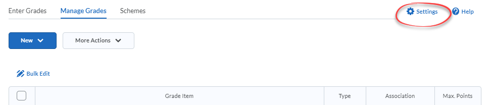 Manage grades with Settings link circled