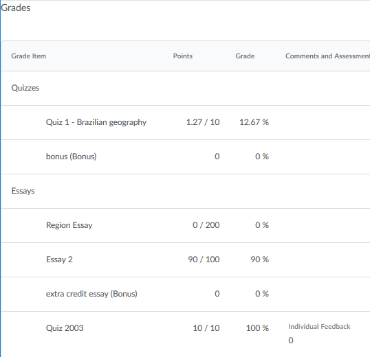 screen shot of the student view of grades