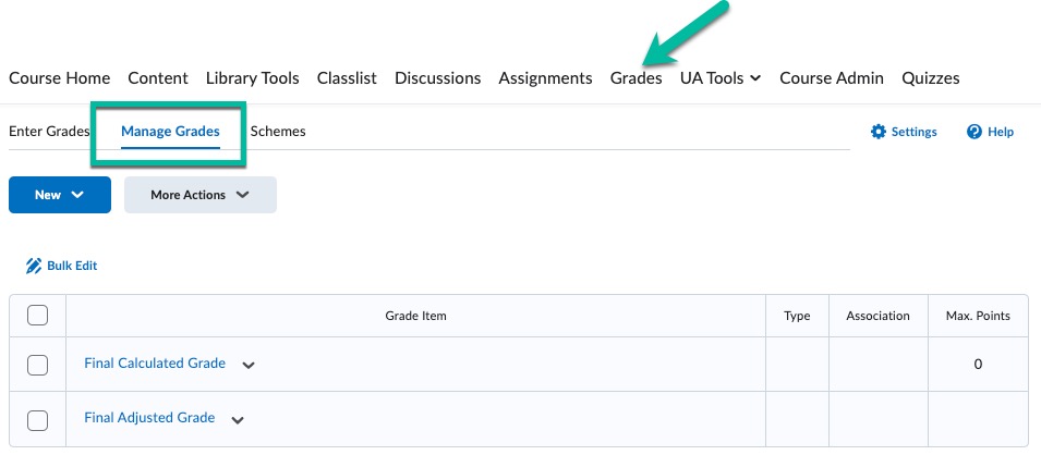 Default Grades page