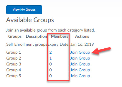 Groups links to view group members and join a group