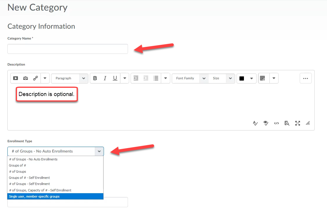 Groups - new category name, description and enrollment type fields