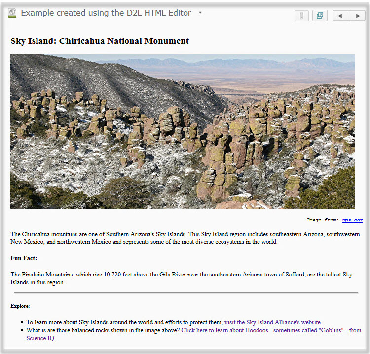 example of a page created in an HTML editor; it shows an image and a description of the Chiricahua National Monument Sky Island.