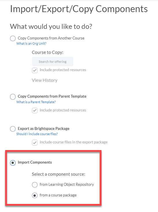 Image of Import/Export/Copy components screen with Import components and from a course package circled in red.