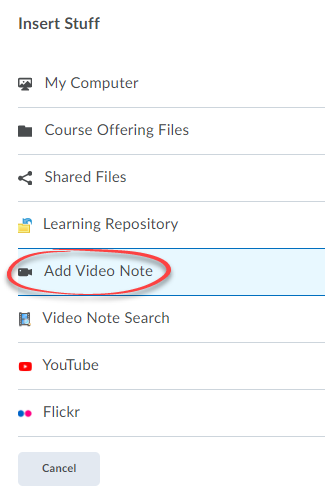 screen shot of insert stuff options with Video Note circled