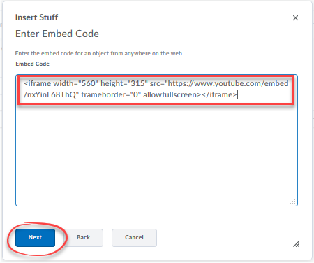 Screenshot of insert stuff box with embed code pasted and the next button circled