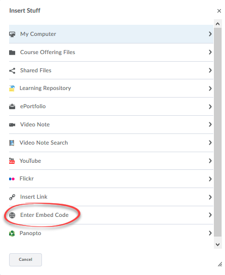 Screenshot of Insert Stuff options with Enter Embed Code Circled