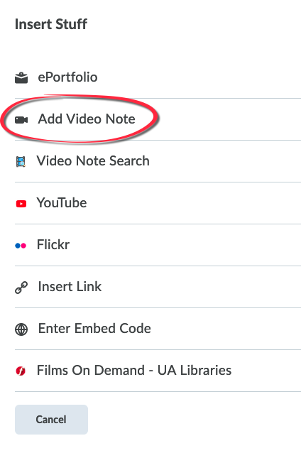 screen shot of insert stuff options with Video Note circled