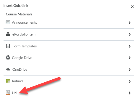 Red arrow points to the URL option in the Quicklink list.