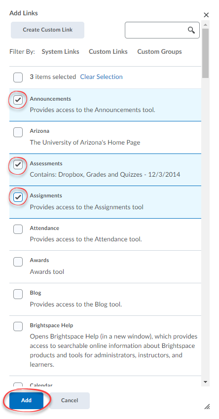 Link options with checkboxes and Add button circled in red. 