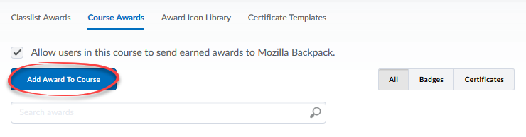 Course awards with Add awards to course button circled.