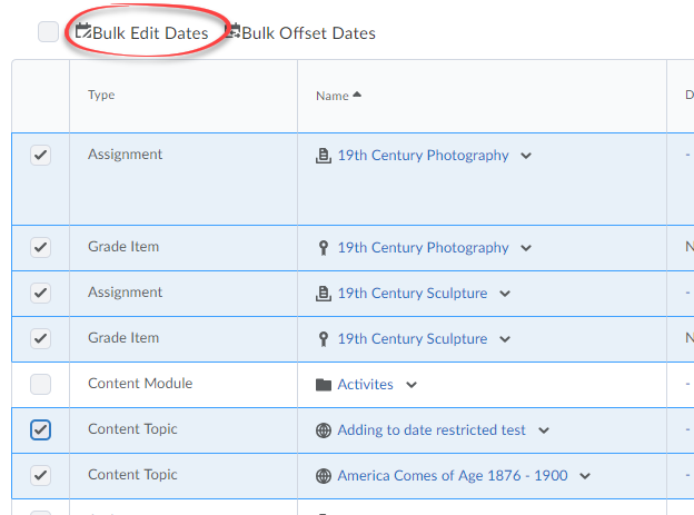 Screenshot of the Bulk Edit Dates option.