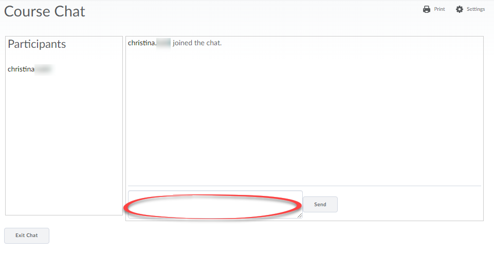 Screenshot of the Chat window with the message text area circled.