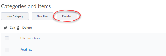 Screenshot of editing items and categories with Reorder circled.